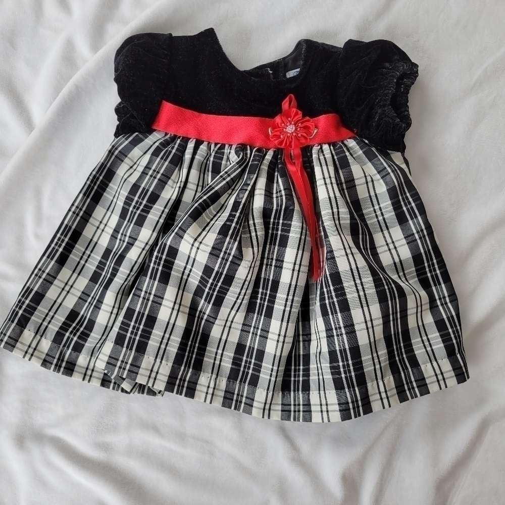 Bryan VTG black velvet & plaid black/white chiffon w/red sash holiday dress 3-6m